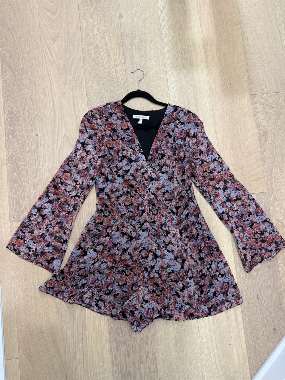 BCBGeneration Black Floral V-Neck Romper with Dusty Rose & Lavender Accents